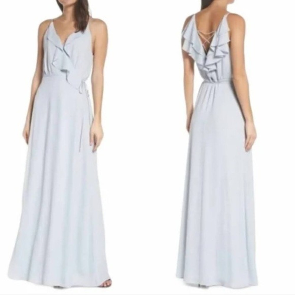 WAYF Size L Jamie Ruffle Wrap Dress Light Blue V-Neck Lace Up Back Maxi Gown